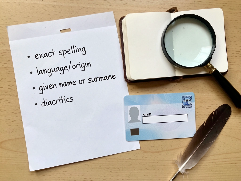 Research checklist with materials for verifying exact spelling and origin