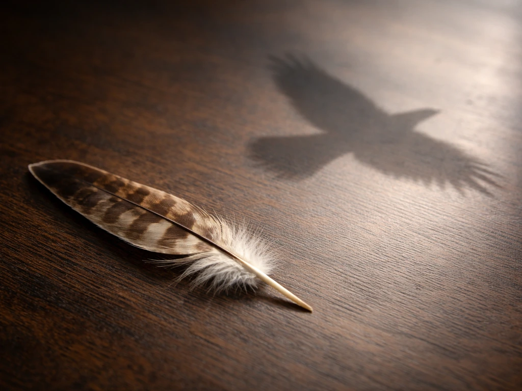 Close-up of a hawk feather on dark wood with a subtle hawk silhouette shadow in the background.