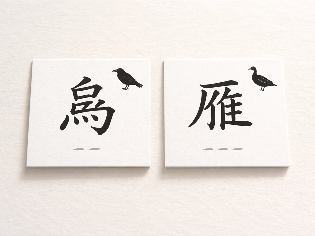 Minimal photo of kanji cards for 烏 and 雁 with small crow/goose silhouettes and subtle stroke cues.