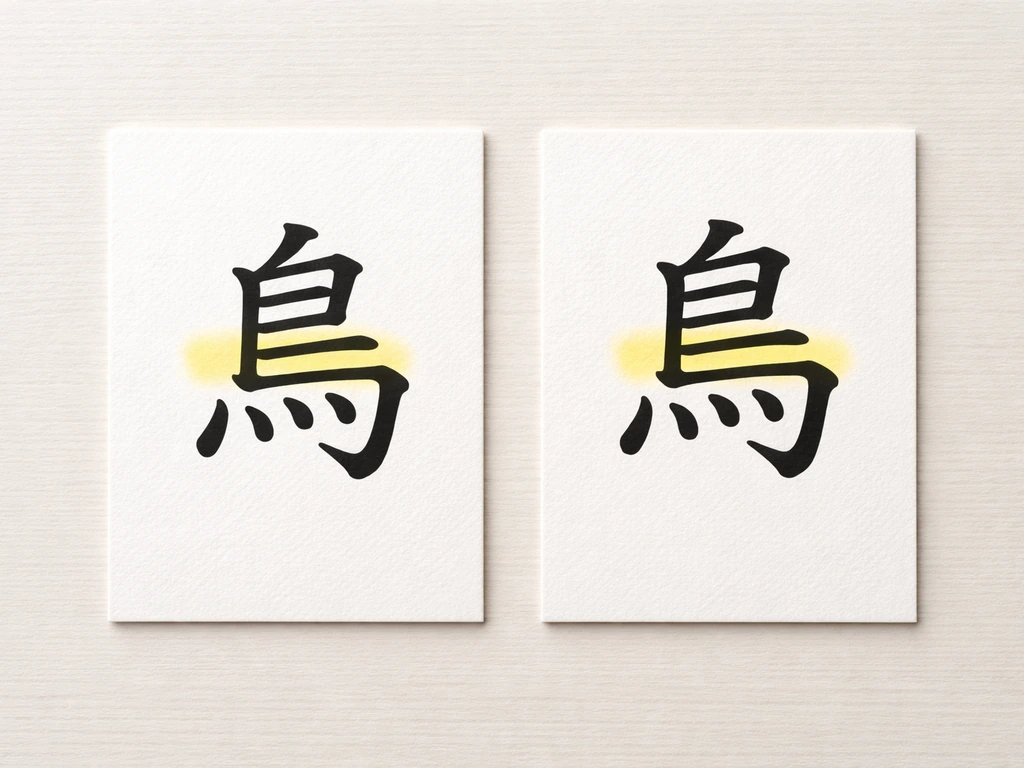 Two kanji cards, 鳥 and 烏, side-by-side with the middle horizontal stroke highlighted for easy comparison.