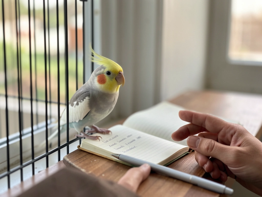 Cockatiel perched beside a small notebook with a short-list of bird names (unreadable)