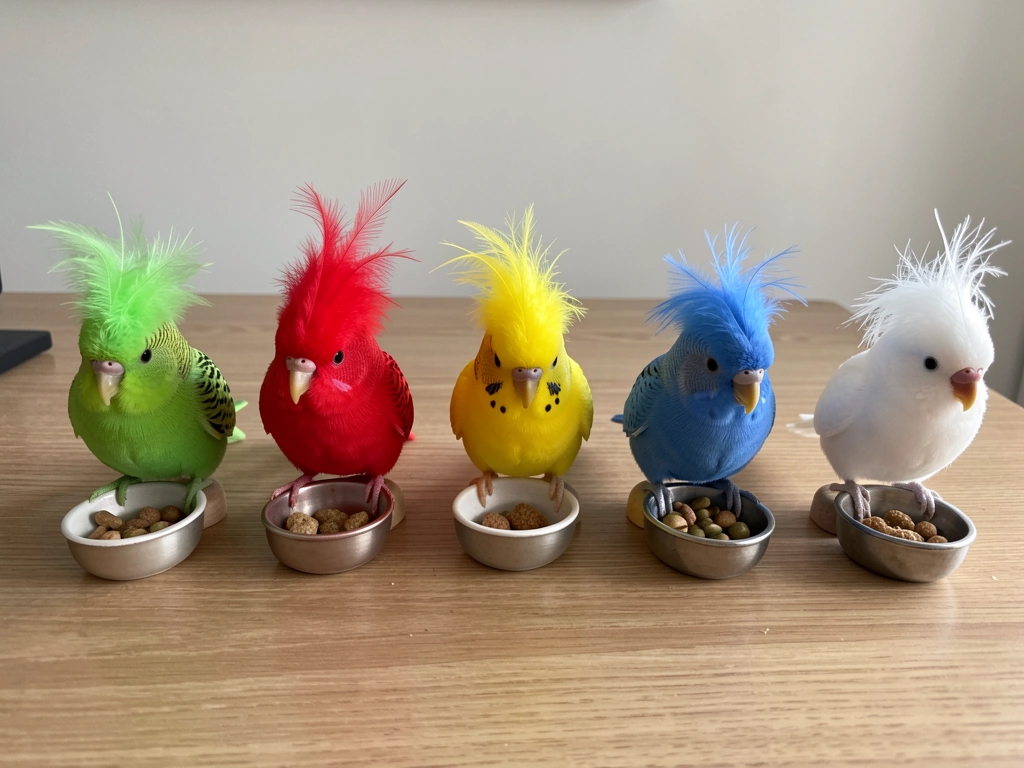 Assorted birds or colored toys matching different color-name ideas (green, red, yellow, blue, white)