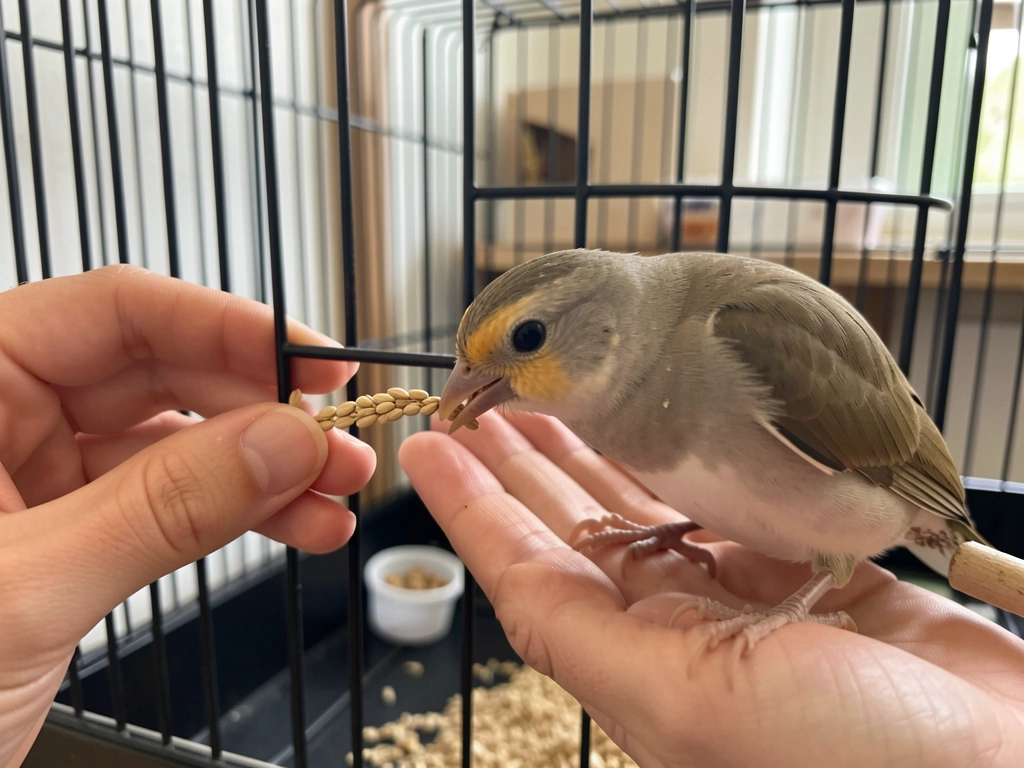 Pet bird trainer holding millet at perch height for a call-and-response name training moment