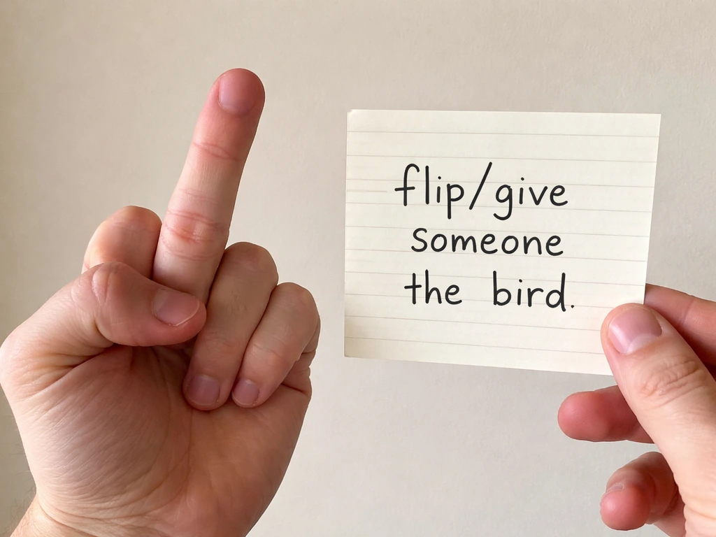 Close-up of a hand making the middle-finger gesture beside handwritten slang explanation on paper.