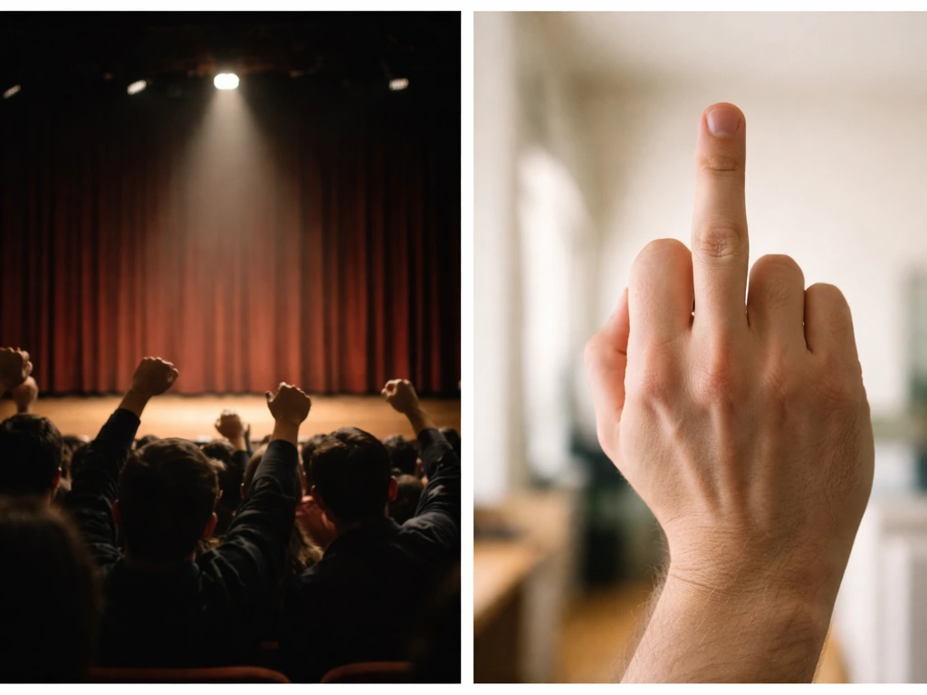 Split image: left crowd heckling on stage, right anonymous person showing a middle-finger gesture
