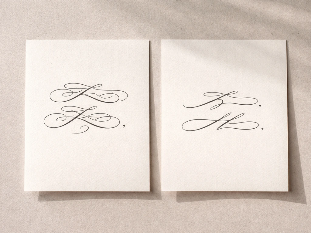 Two clean two-line tattoo text mockups side by side on a neutral tabletop