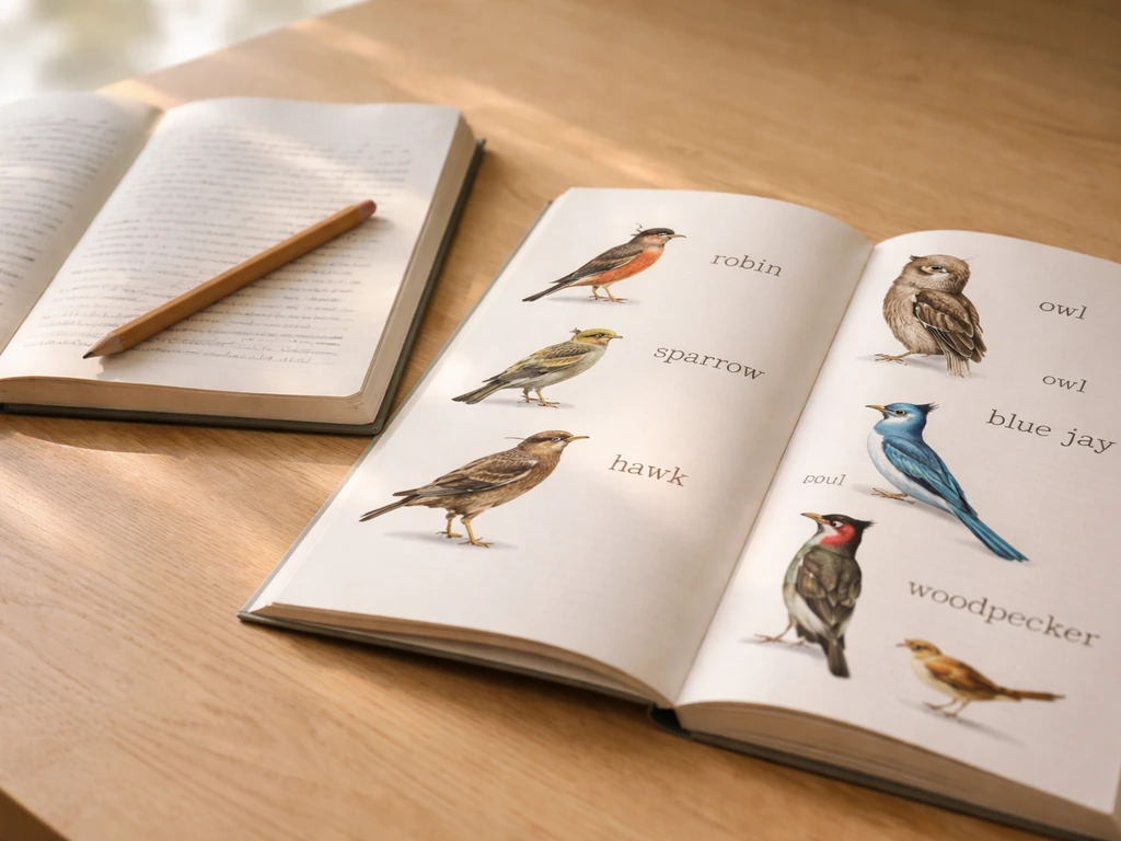 Open dictionary and grammar notebook beside a bird field guide with bird names in lowercase