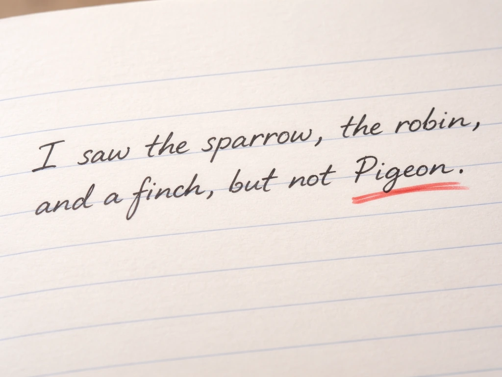 Close-up handwritten sentence with lowercase bird names alongside a contrasting wrongly capitalized version