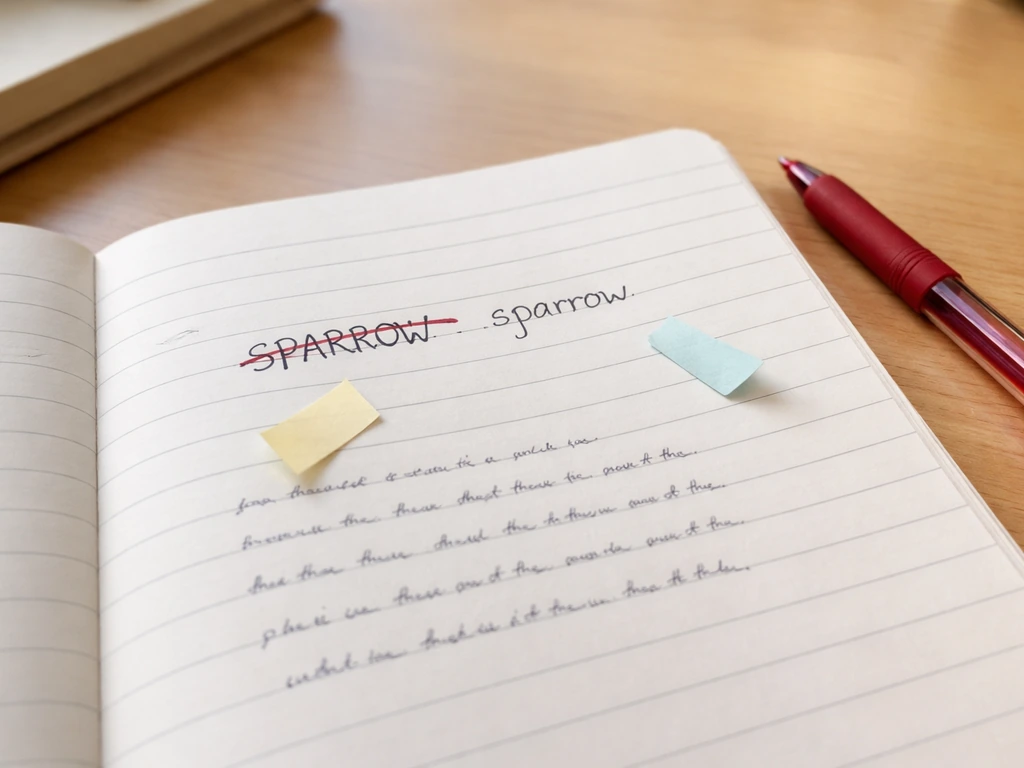 Writer’s desk with a marked-up draft showing bird name capitalization corrected from uppercase to lowercase.
