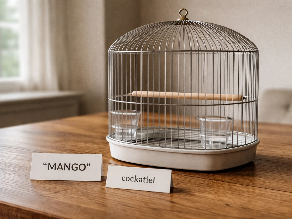 Small birdcage on a table with a capitalized pet name card beside a lowercase common bird name card.
