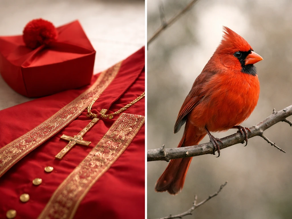 Close-up of red cardinal clergy attire beside a red cardinal bird perched on a branch.