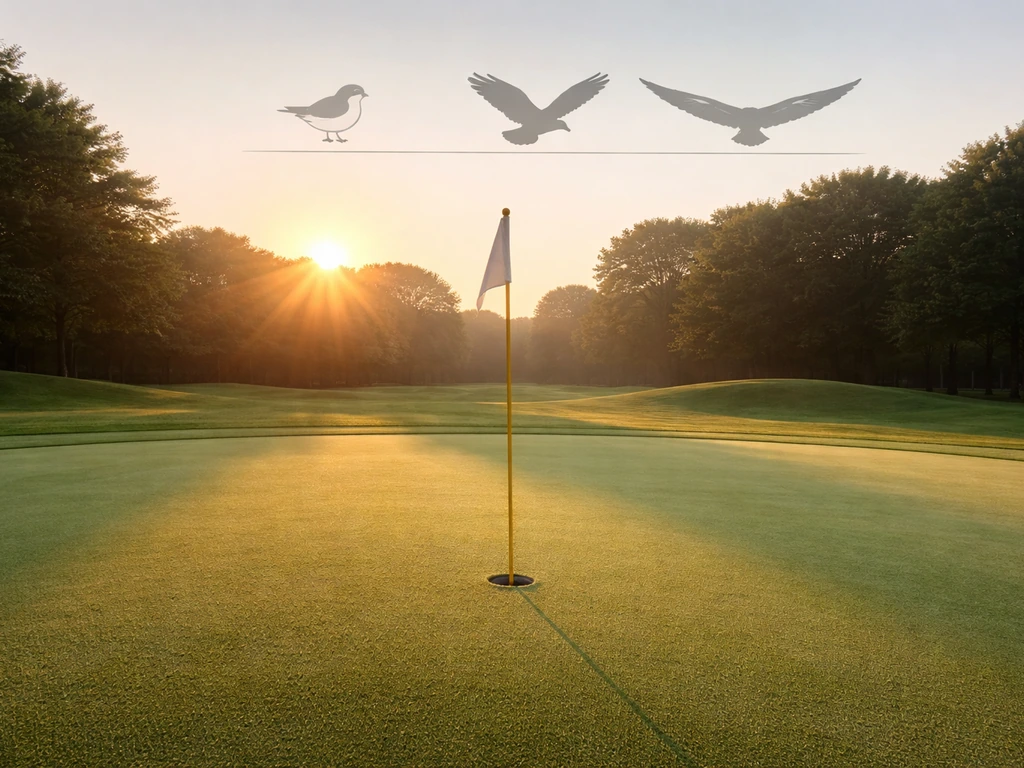Minimal golf green with a flag and a subtle bird-themed score overlay using bird icons.