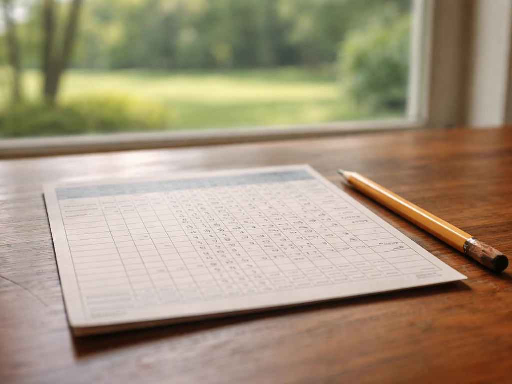 Close-up of a golf scorecard with handwritten notes and a quiet green course background
