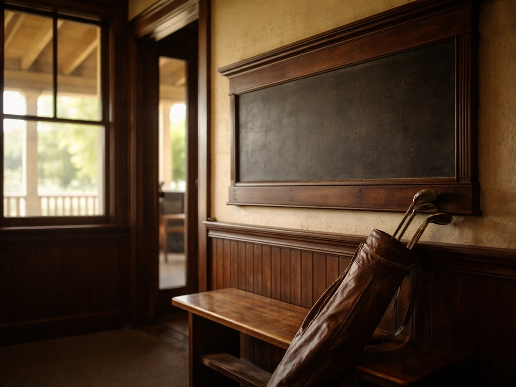 A vintage golf clubhouse porch with an antique scoreboard-style board in soft evening light