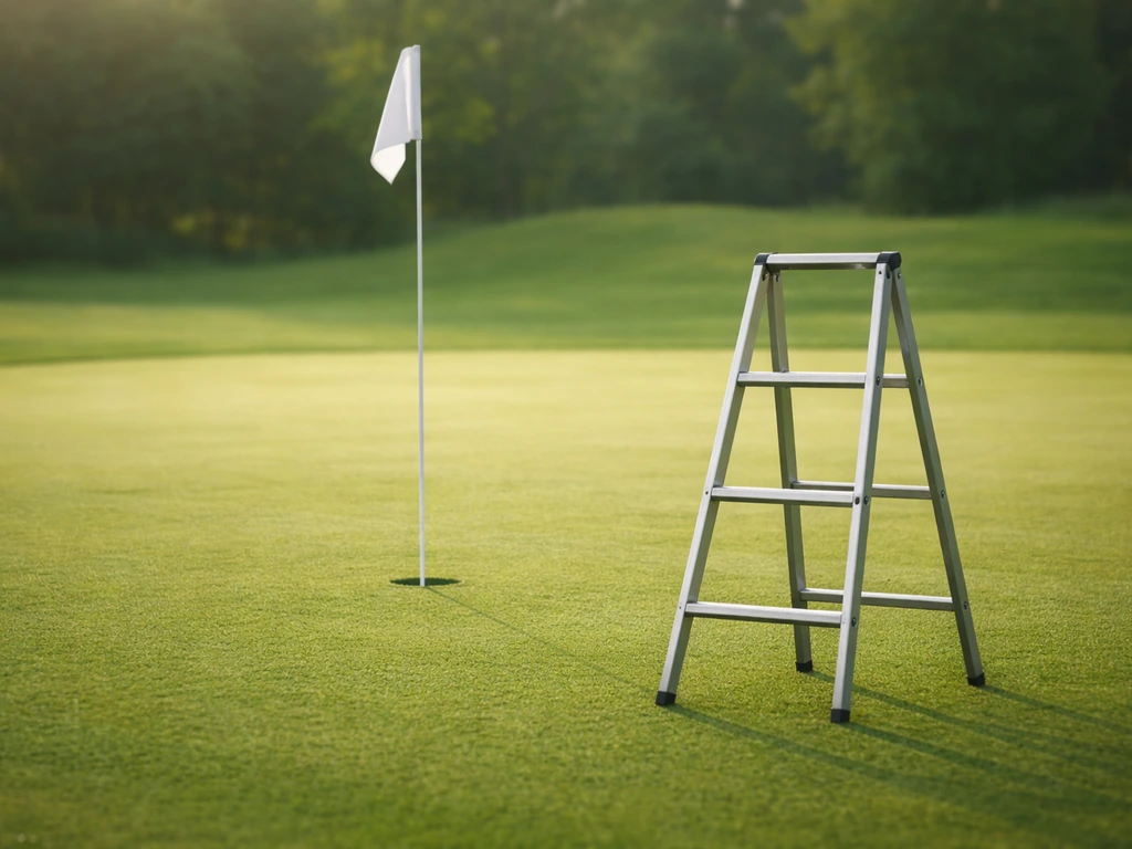 Golf green with a flagstick and a small step-ladder near the hole, simple mapping concept.