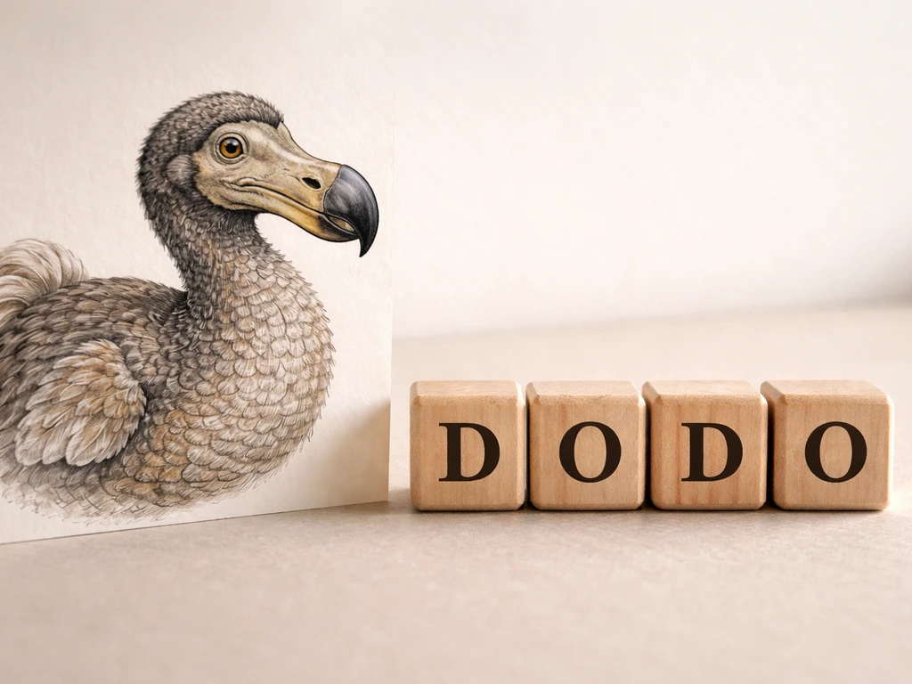 Close-up of an illustrated dodo bird next to wooden letter blocks arranged D-O-D-O.