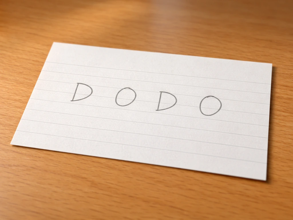 Close-up of a white card on a desk showing the handwritten letters in a neat D-O-D-O sequence.