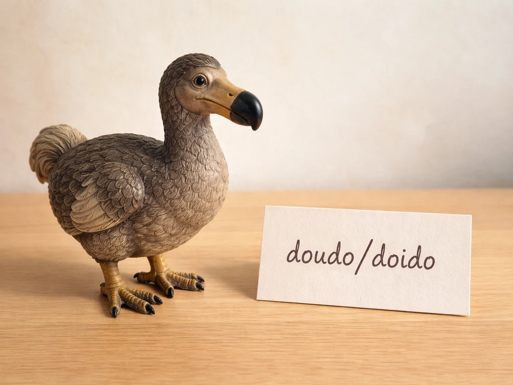 Realistic dodo model beside a small card reading “doudo/doido” as an etymology clue.