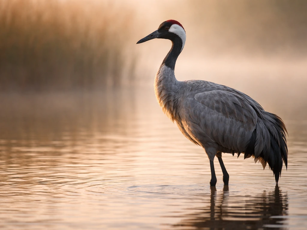 A crane standing in shallow water at sunrise, crisp details and calm, minimal background.