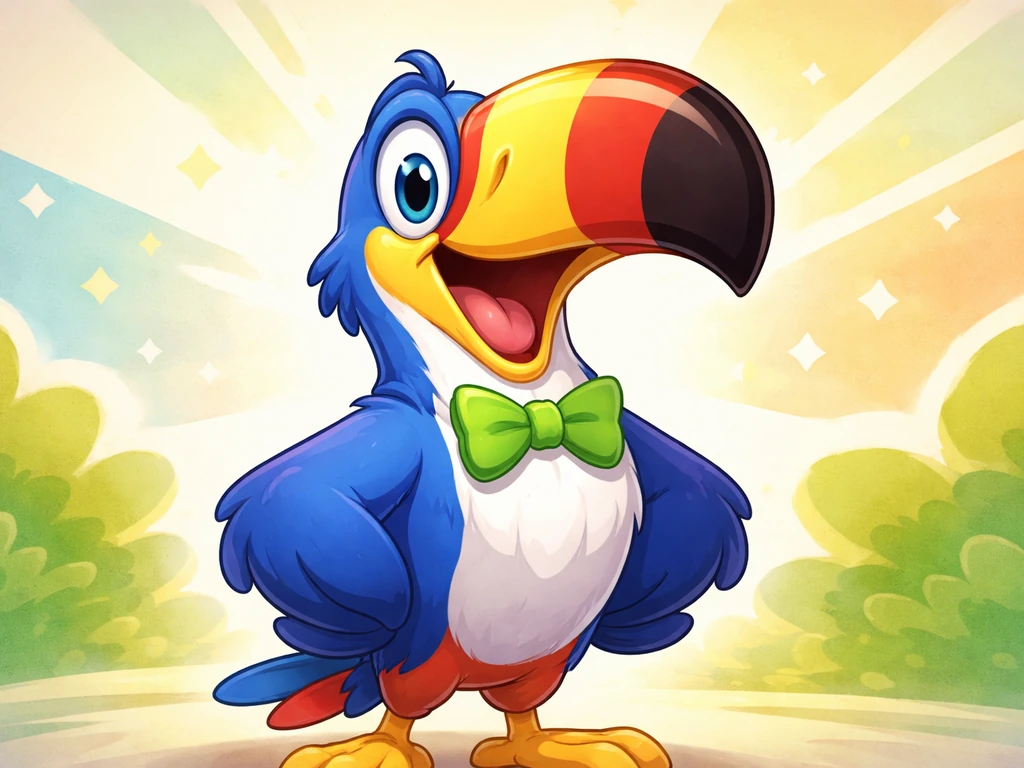 Colorful toucan mascot character with bow tie, centered on a clean background, energetic hero-style image.