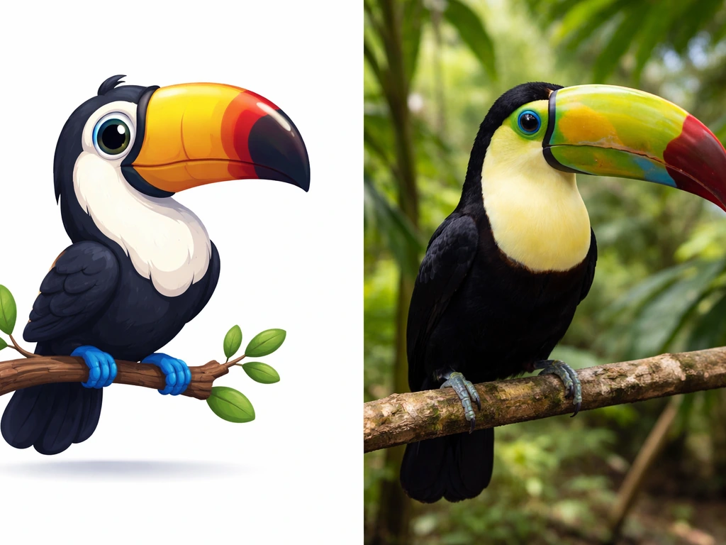 Side-by-side view: colorful toucan illustration next to a real toucan in natural light.