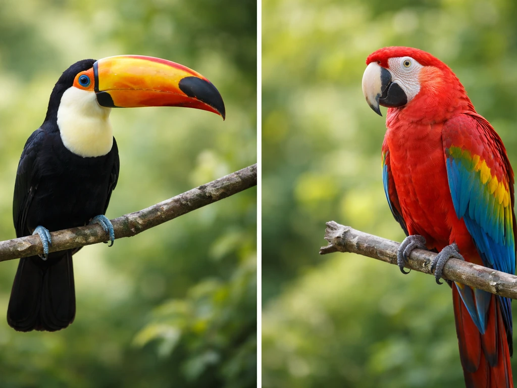 Minimal side-by-side of a toucan and a parrot in natural habitat lighting, highlighting common mix-up.