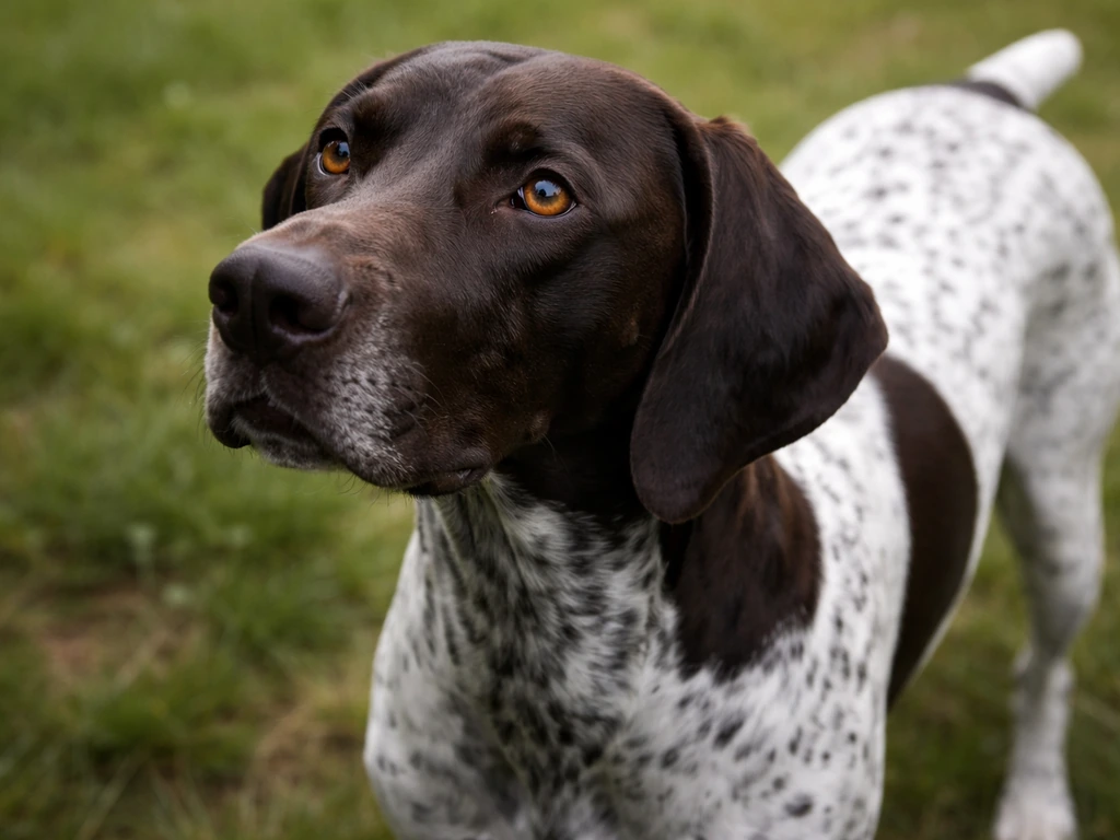 Close-up of a bird dog showing a dark head fading into a lighter body coat pattern.