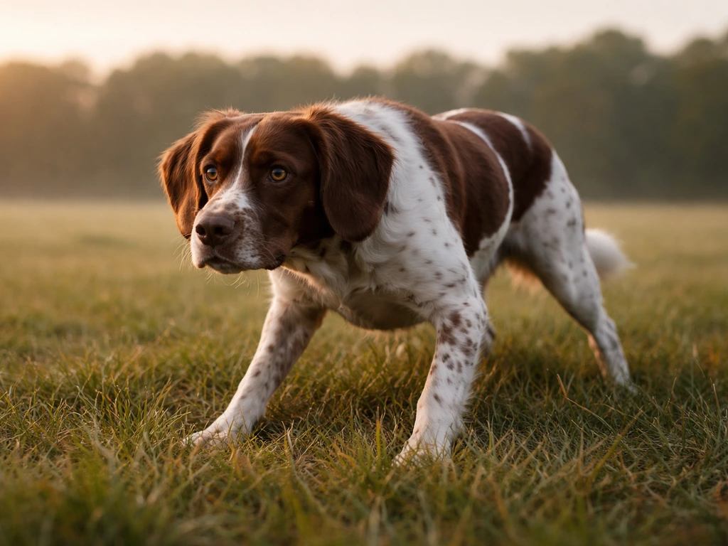 Energetic bird dog in a ready-to-bolt working stance in a grassy field at sunrise
