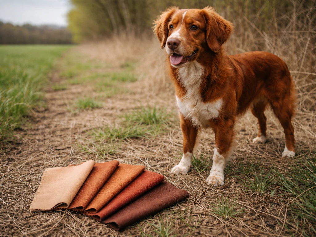 Warm russet-colored bird dog beside small fabric swatches matching red-brown tones