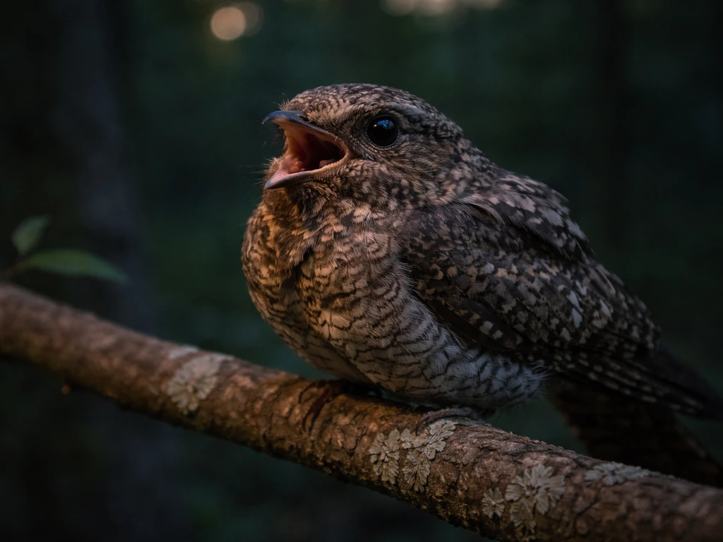 Close-up of a whip-poor-will nightjar perched on a branch at dusk in a quiet forest.