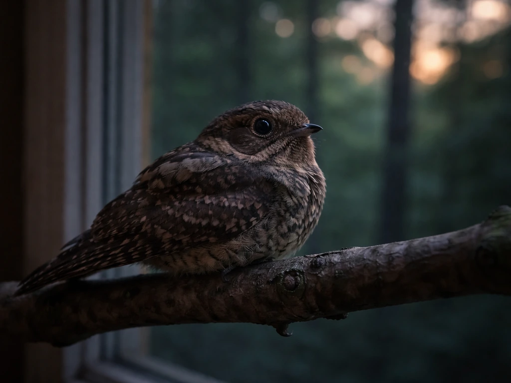 Minimal photo of a whip-poor-will perched near a window at dusk, suggesting eastern vs other regional nightjar habitat.