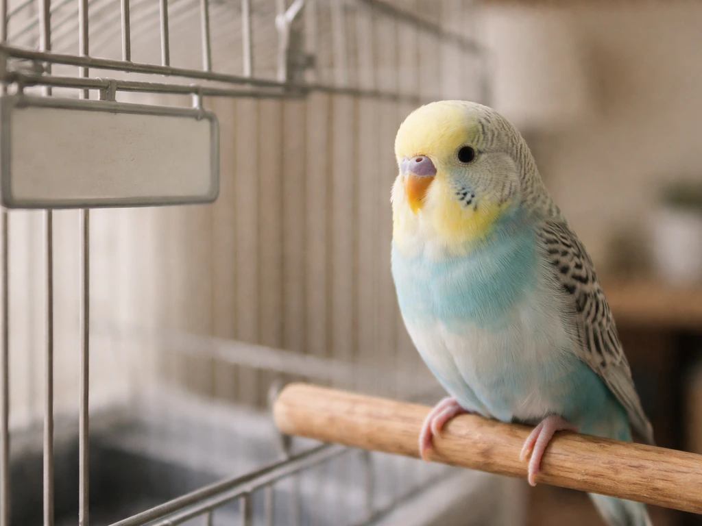 Small pet bird perched near a simple cage, with a blank name-tag area for suggested nickname ideas.
