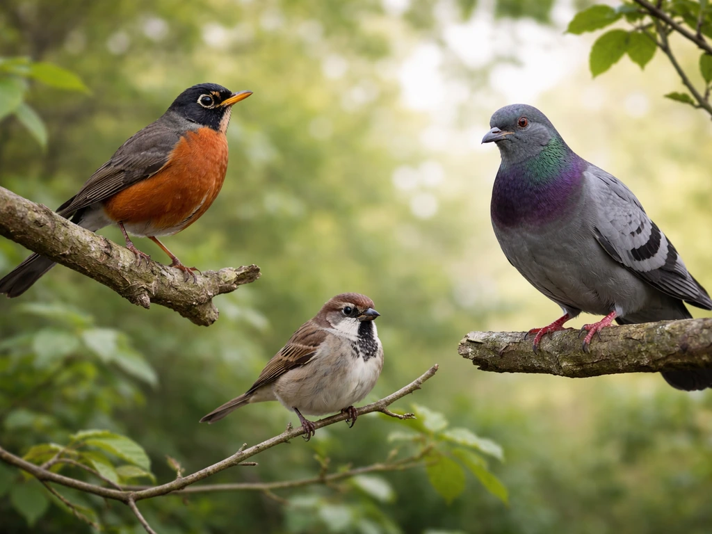 Three common backyard birds perched in a natural yard scene—robin, sparrow, and pigeon.