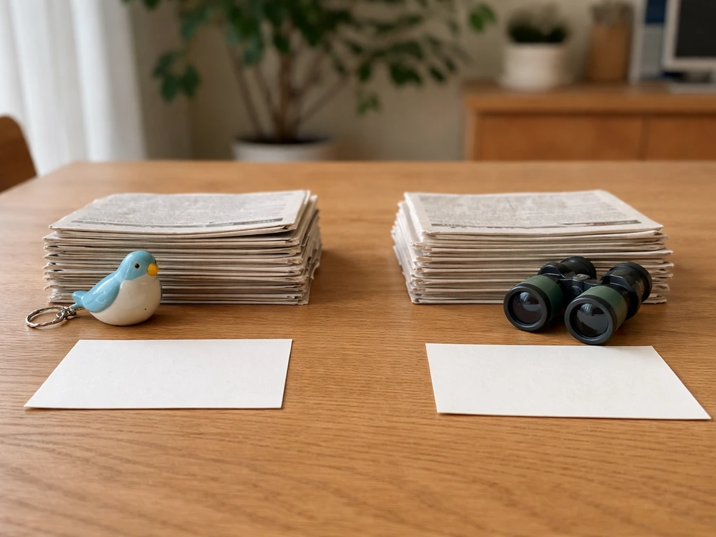 Minimal table scene with two unlabeled stacks and bird/entertainment cues to show common vs popular.