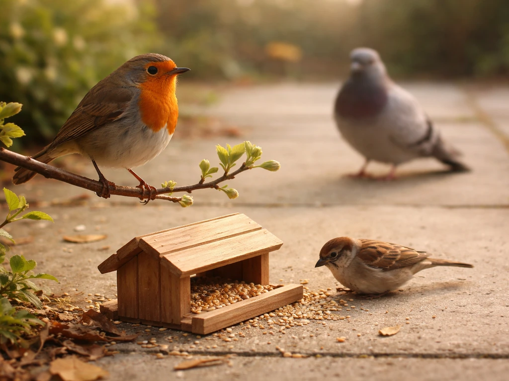 A red robin perched on a branch beside a storybook-like scene, with small birds near simple feeder setup.