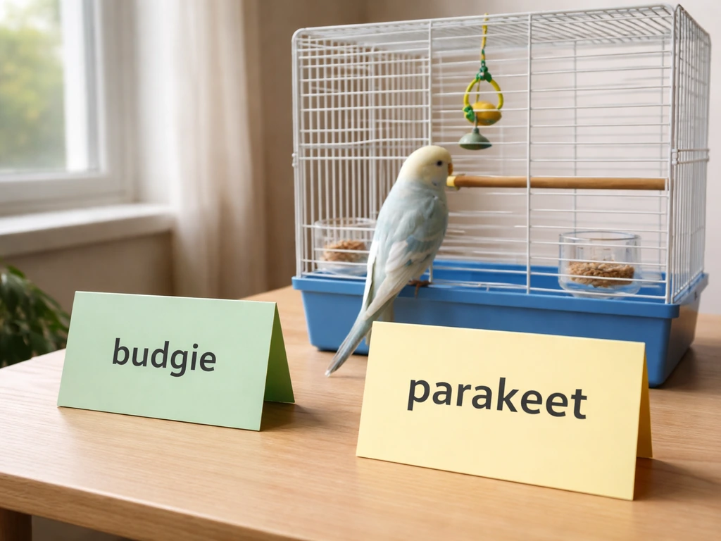 A budgerigar in a cage with two nearby name placards showing budgie vs parakeet.