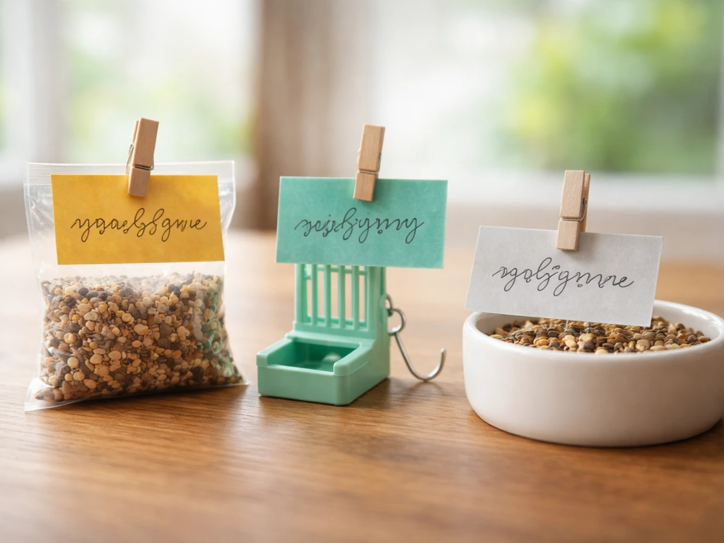 Bird-care items on a wooden table with colorful non-readable multilingual name tags.