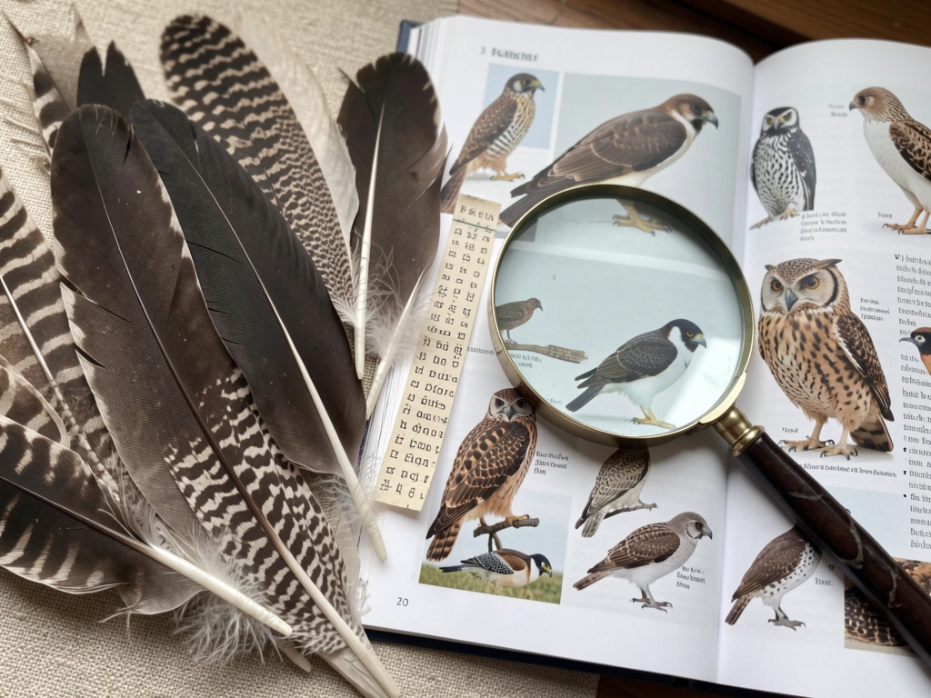 Feathers and notebook beside an open raptor field guide showing the broad scope of “bird of prey.”