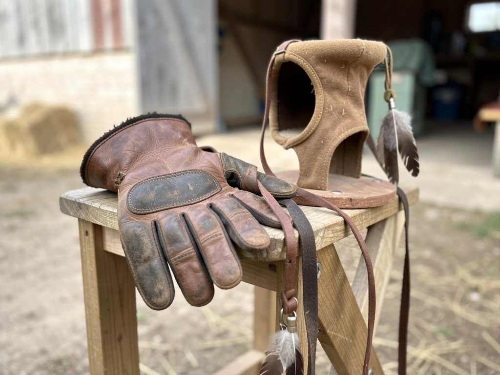Hawk and falcon name section illustrated with a falconer glove and tethered perch equipment.