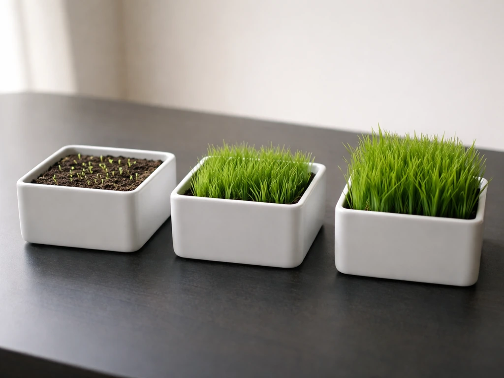 Three simple planters showing EZ Seed stages: sprouts, mowing-ready blades, and a fully lush patch.