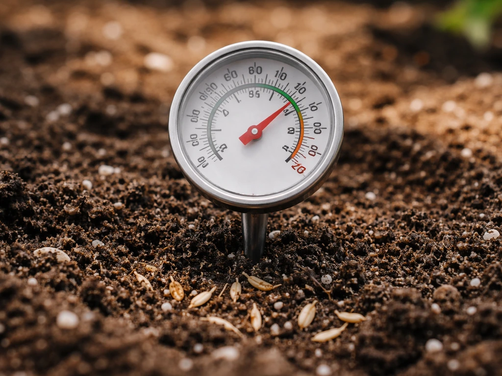 Analog thermometer in moist seeded soil under light and shade, implying 60–80°F germination range.