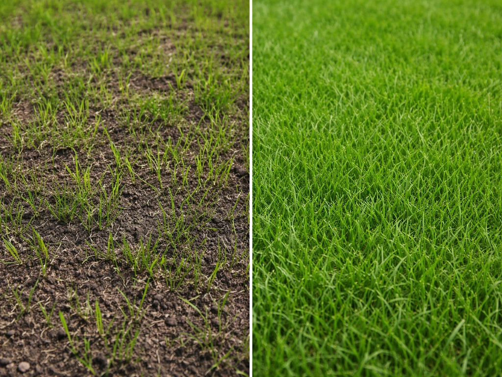 Split view of young grass sprouts versus dense established turf in a simple, sunlit lawn.