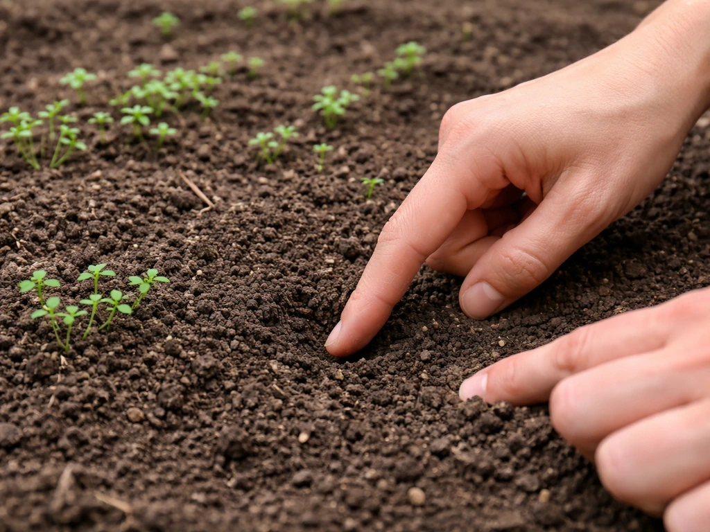 Hands press into soil beside sparse seedlings in a small patch of thin, uneven growth.