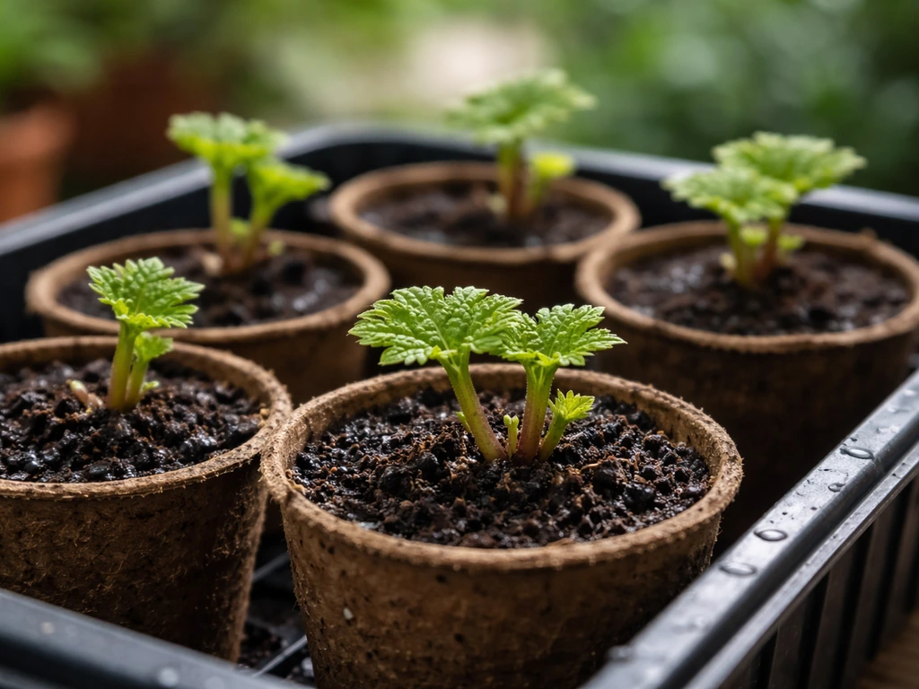 Close-up of Gunnera manicata seedlings in damp seed trays, showing slow growth from seed