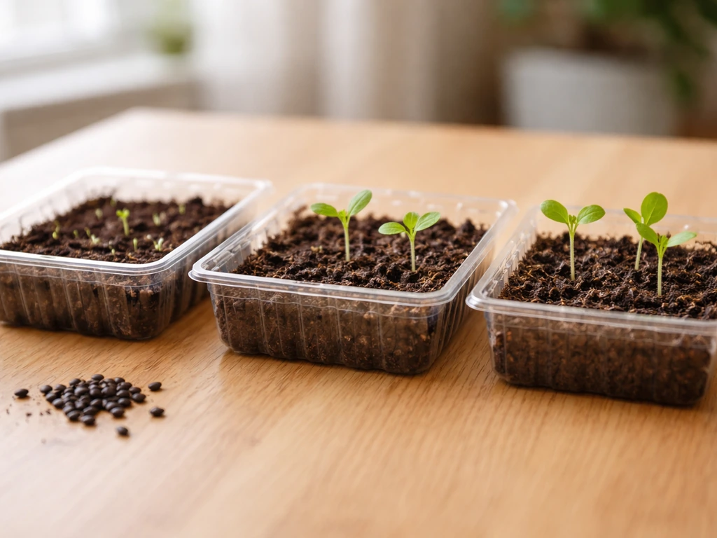 Three seedling trays with Gunnera-like seedlings at different growth stages on a wooden table.