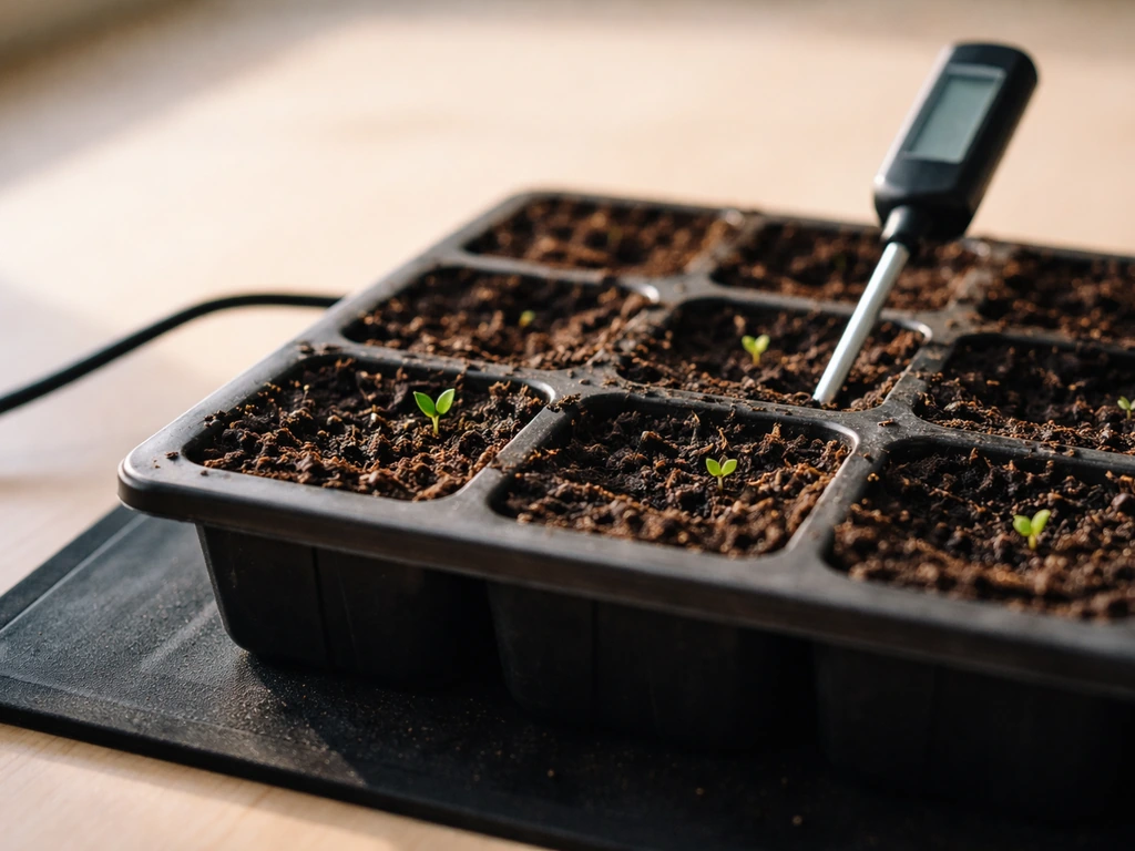 Seed tray on a heat mat beside a thermometer probe, showing warm germination conditions.