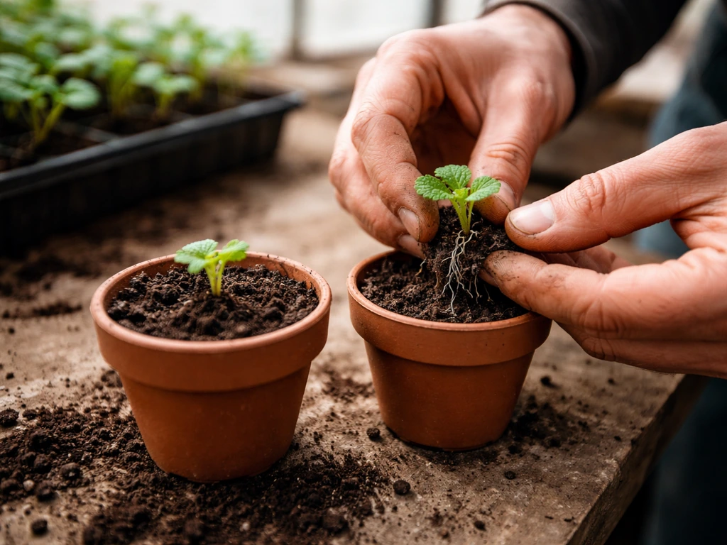 Gardener hands gently transplant tiny Gunnera seedlings into small 7–9 cm pots with fresh potting mix.