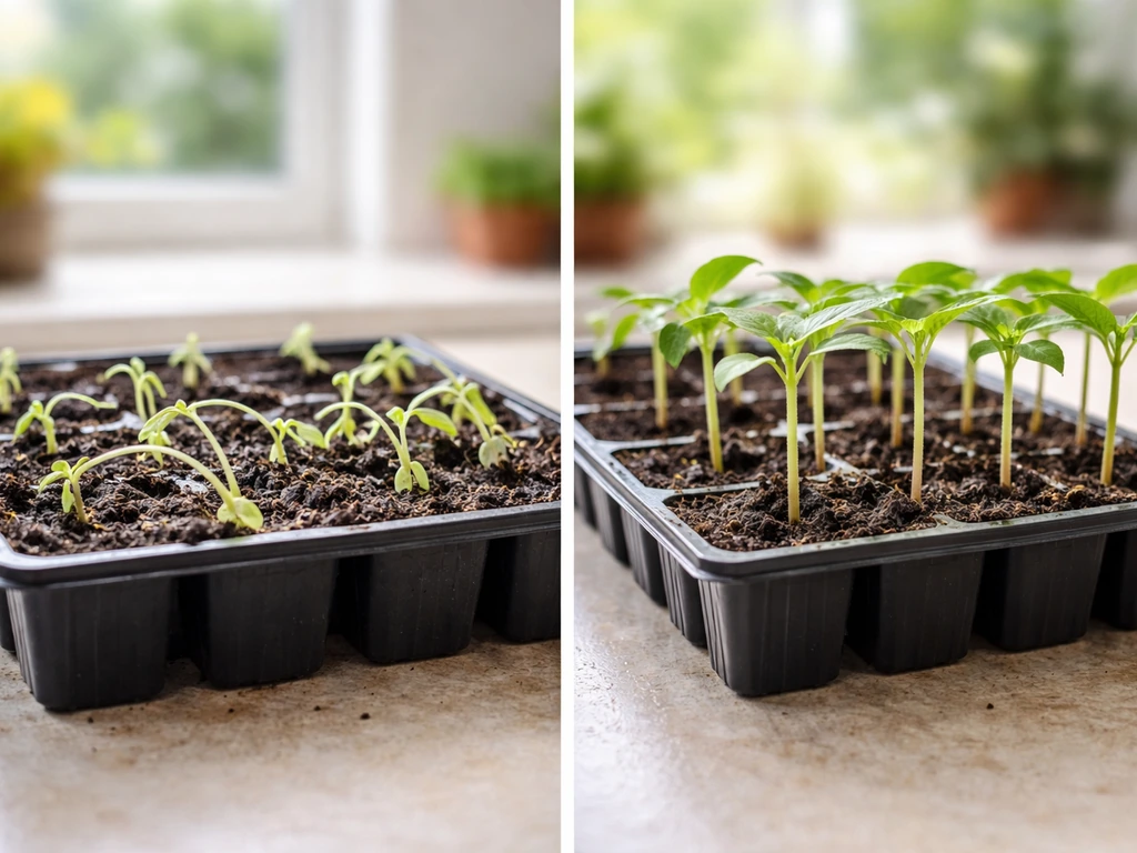 Close-up of wilted seedlings collapsed at the base beside a tray of healthy upright seedlings.