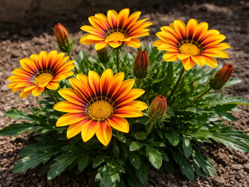 Vibrant gazania flowers blooming in a sunny garden bed, showcasing the end result of growing from seed.