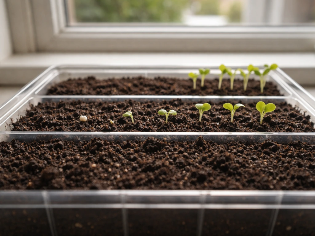 Clear seed tray on a windowsill showing gazania stages from radicle emergence to early seedlings.